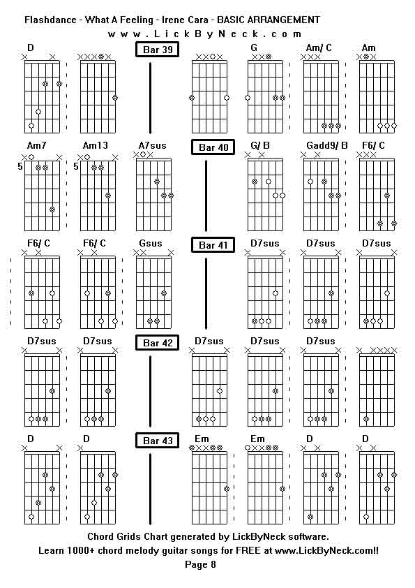 Chord Grids Chart of chord melody fingerstyle guitar song-Flashdance - What A Feeling - Irene Cara - BASIC ARRANGEMENT,generated by LickByNeck software.